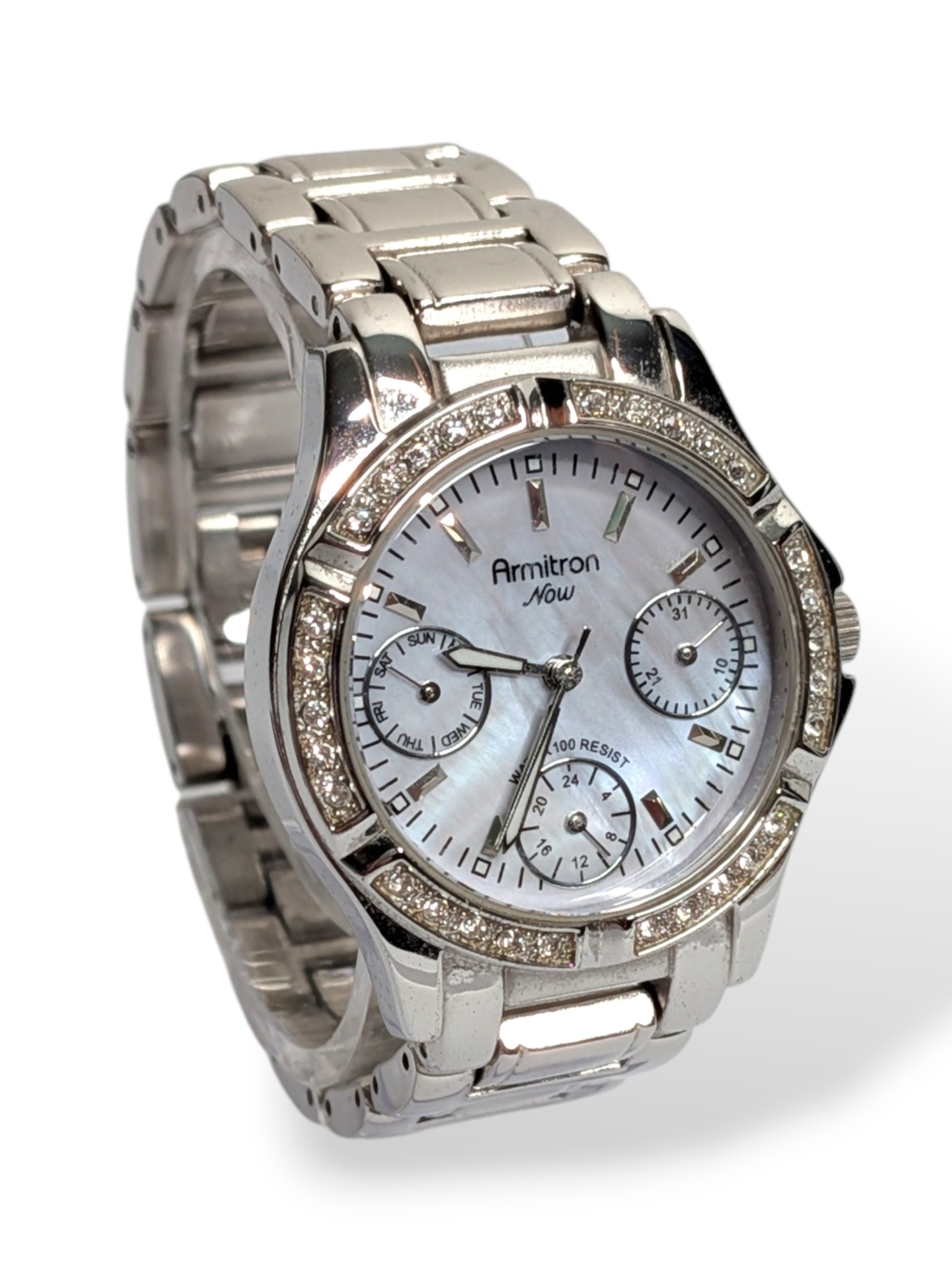 Armitron Now Watch Silver Tone Mother of Pearl Crystal Bezel Water Resistant